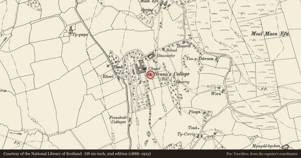 Ordnance Survey six-inch map, 2nd edition (1888–1913) covering the location of Garden steps parallel to south front of St Beuno's (Upper Part), Tremeirchion, Denbighshire, with a pin at the register's coordinates