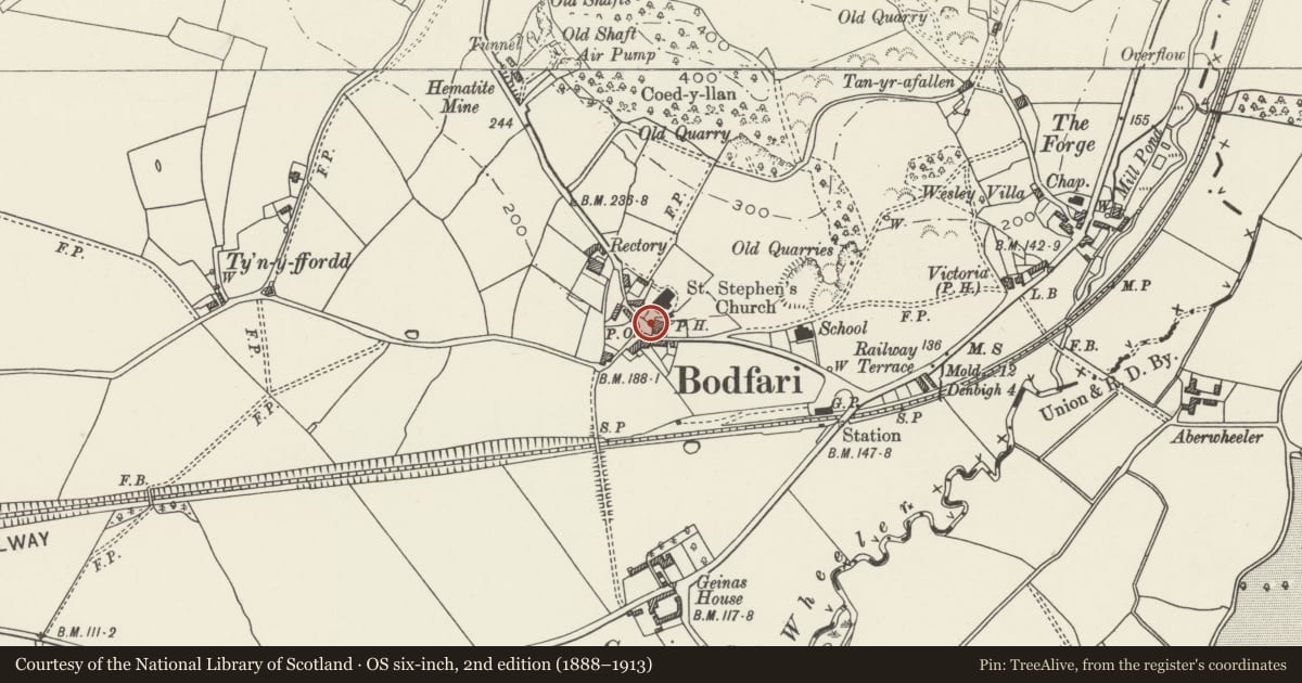 Ordnance Survey six-inch map, 2nd edition (1888–1913) covering the location of Lychgate and Steps to St Stephen's Church, Bodfari, Denbighshire, with a pin at the register's coordinates