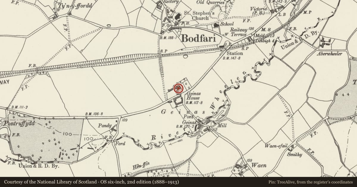 Ordnance Survey six-inch map, 2nd edition (1888–1913) covering the location of Geinas Farmhouse, Bodfari, Denbighshire, with a pin at the register's coordinates