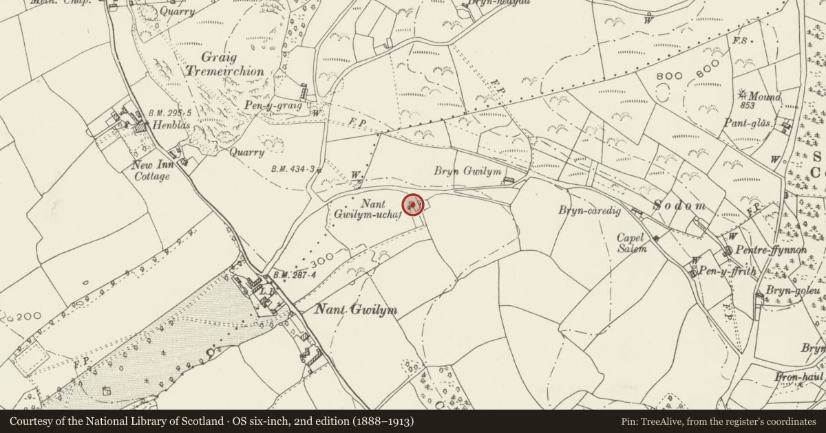 Ordnance Survey six-inch map, 2nd edition (1888–1913) covering the location of Nant-gwilym-uchaf, Bodfari, Denbighshire, with a pin at the register's coordinates