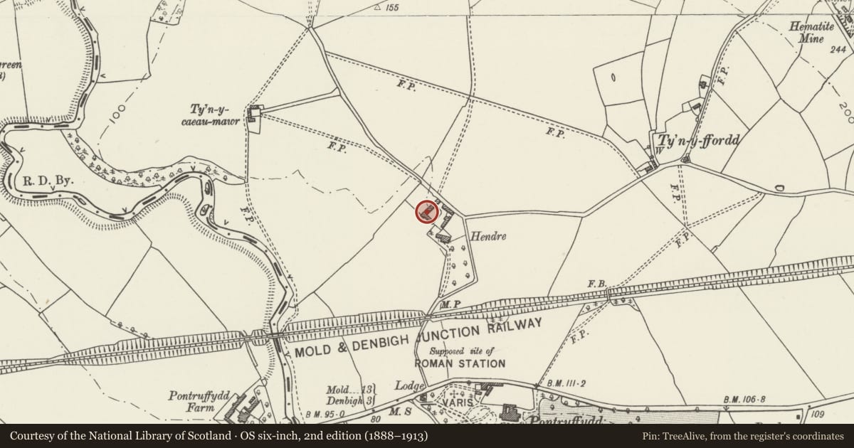 Ordnance Survey six-inch map, 2nd edition (1888–1913) covering the location of Barn Range with Walled Yard at Hendre farm, Bodfari, Denbighshire, with a pin at the register's coordinates