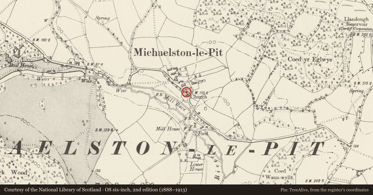 Ordnance Survey six-inch map, 2nd edition (1888–1913) covering the location of Lychgate at Church of St Michael, Michaelston-le-Pit and Leckwith, Vale of Glamorgan, with a pin at the register's coordinates
