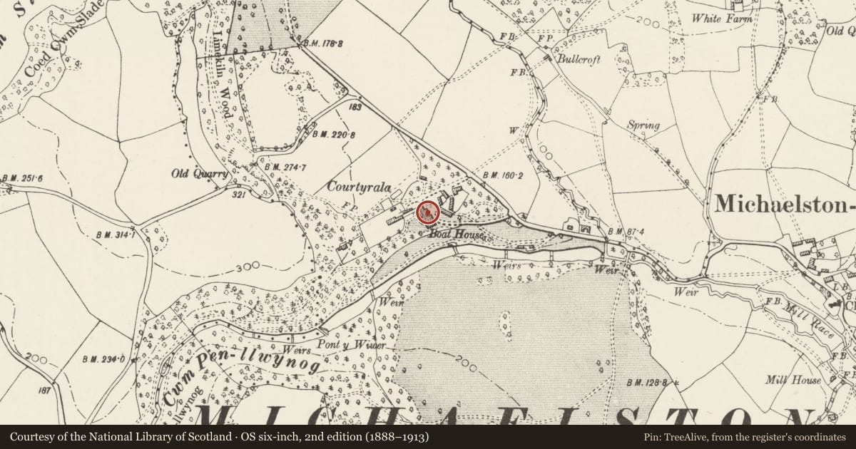 Ordnance Survey six-inch map, 2nd edition (1888–1913) covering the location of Cwrt-yr-Ala House, Michaelston-le-Pit and Leckwith, Vale of Glamorgan, with a pin at the register's coordinates
