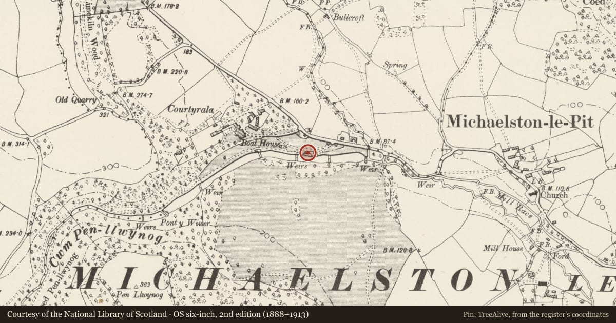 Ordnance Survey six-inch map, 2nd edition (1888–1913) covering the location of The Old Dairy at Cwrt-yr-Ala, Michaelston-le-Pit and Leckwith, Vale of Glamorgan, with a pin at the register's coordinates