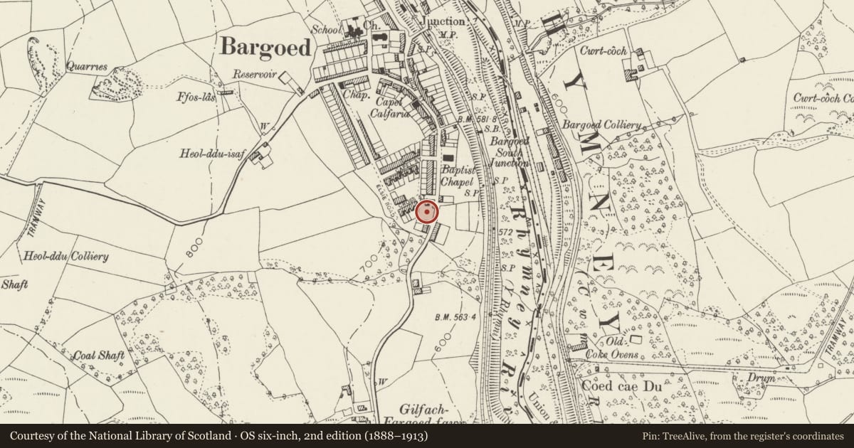 Ordnance Survey six-inch map, 2nd edition (1888–1913) covering the location of Police Court and Police Station, including forecourt walls, gates & railings, Bargoed, Caerphilly, with a pin at the register's coordinates