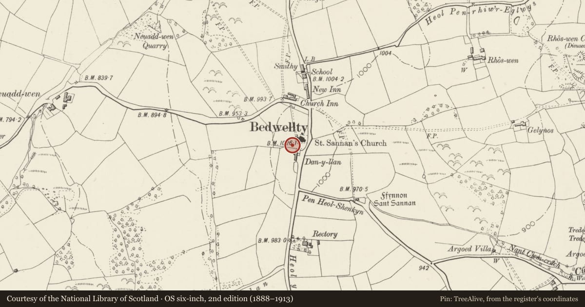 Ordnance Survey six-inch map, 2nd edition (1888–1913) covering the location of Cross in St Sannan churchyard, Bargoed, Caerphilly, with a pin at the register's coordinates
