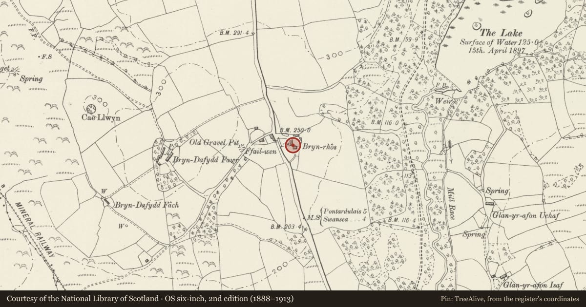 Ordnance Survey six-inch map, 2nd edition (1888–1913) covering the location of West farmyard range at Bryn-rhos, Penllergaer, Swansea, with a pin at the register's coordinates