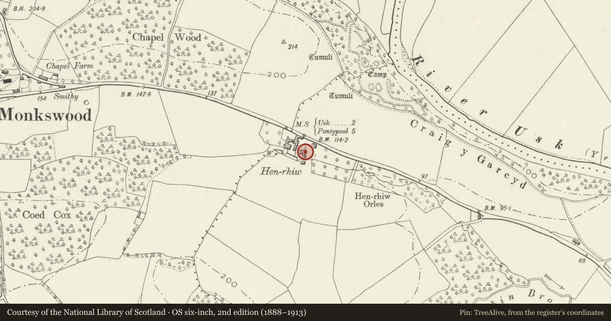 Ordnance Survey six-inch map, 2nd edition (1888–1913) covering the location of Henrhiw Farmhouse, Llanbadoc, Monmouthshire, with a pin at the register's coordinates