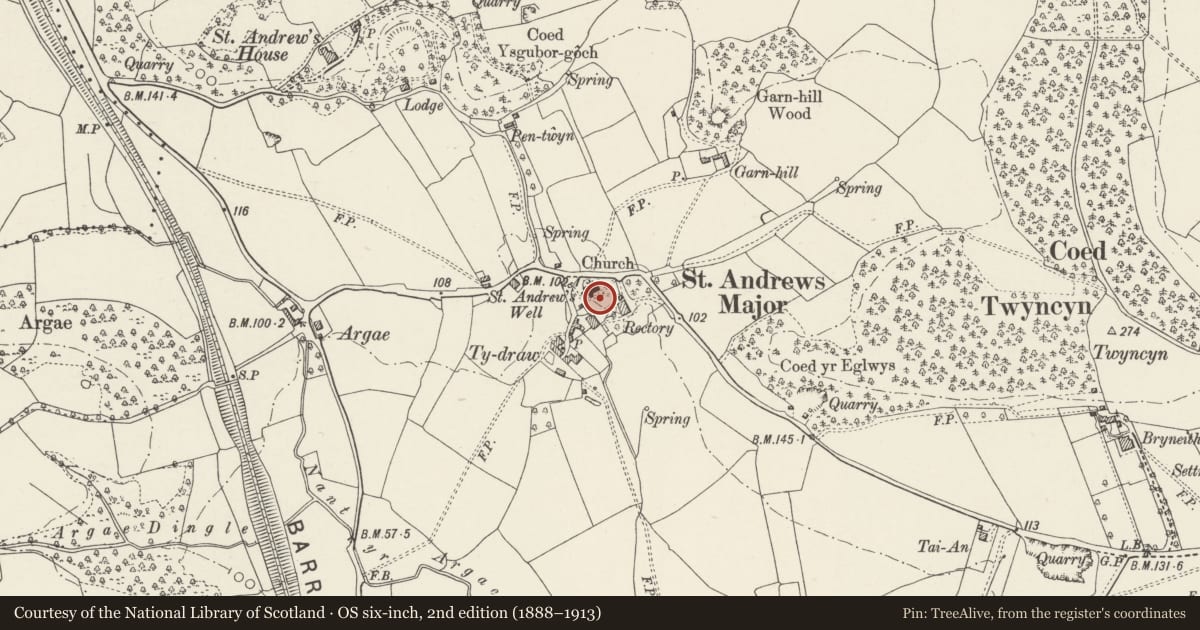 Ordnance Survey six-inch map, 2nd edition (1888–1913) covering the location of Churchyard cross in St Andrew's Churchyard, Dinas Powys, Vale of Glamorgan, with a pin at the register's coordinates