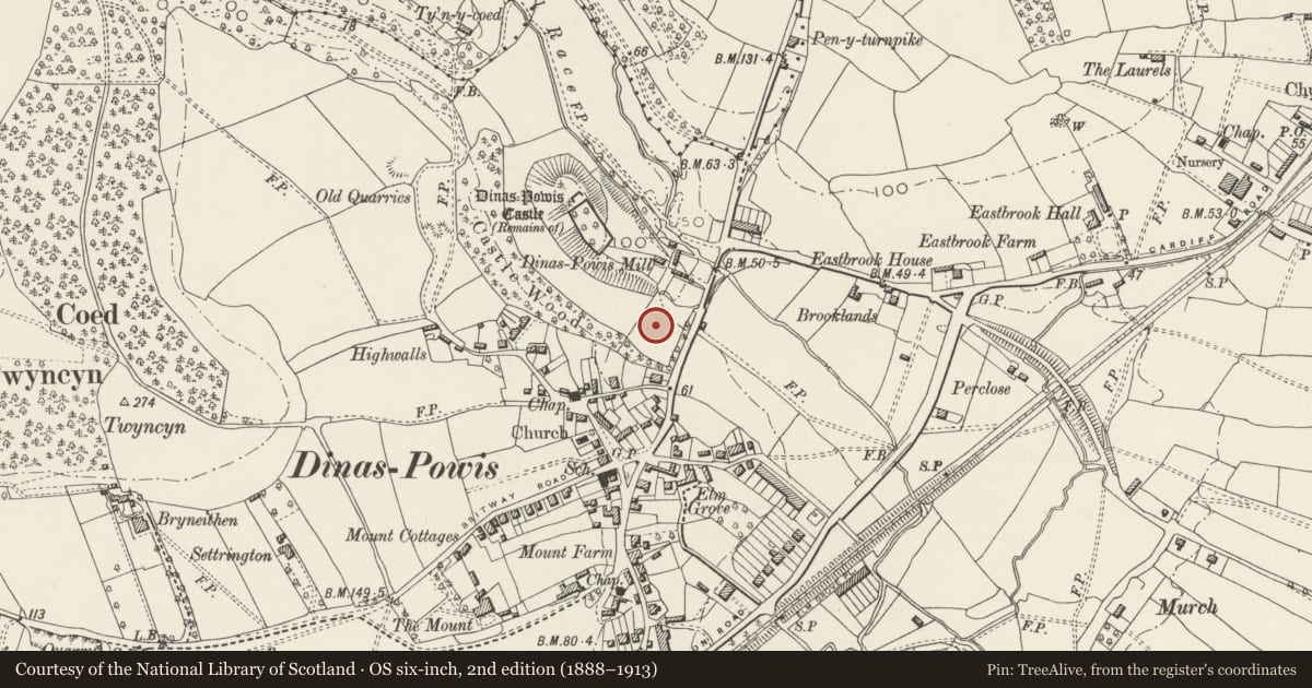 Ordnance Survey six-inch map, 2nd edition (1888–1913) covering the location of Church of St Peter, Dinas Powys, Vale of Glamorgan, with a pin at the register's coordinates