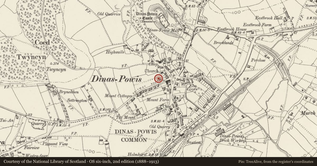 Ordnance Survey six-inch map, 2nd edition (1888–1913) covering the location of Dinas Powys Parish Hall, Vale of Glamorgan, with a pin at the register's coordinates