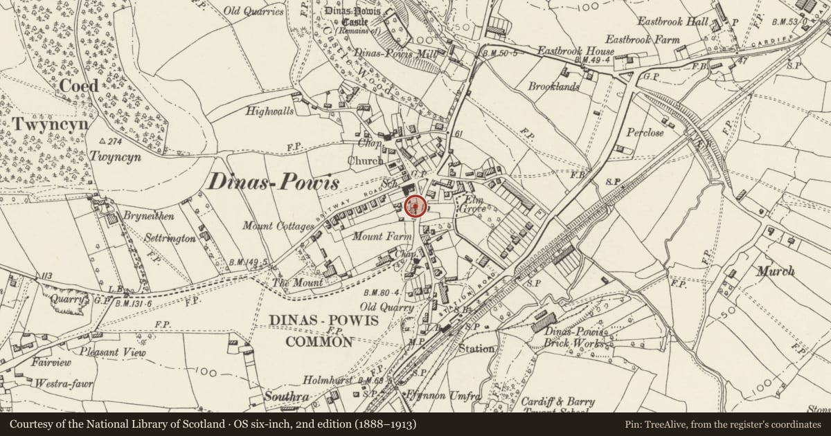Ordnance Survey six-inch map, 2nd edition (1888–1913) covering the location of Old Court, Dinas Powys, Vale of Glamorgan, with a pin at the register's coordinates