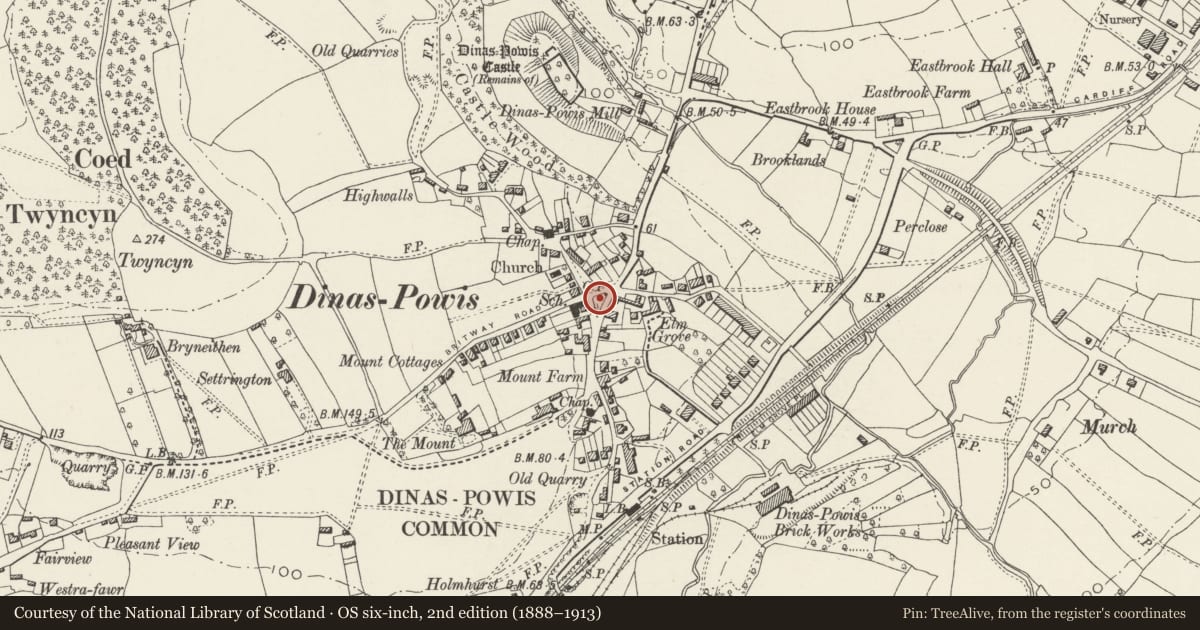 Ordnance Survey six-inch map, 2nd edition (1888–1913) covering the location of War Memorial, Dinas Powys, Vale of Glamorgan, with a pin at the register's coordinates