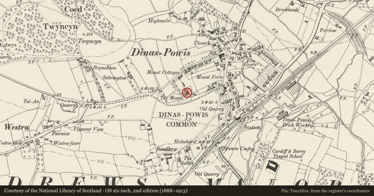 Ordnance Survey six-inch map, 2nd edition (1888–1913) covering the location of The Mount, Dinas Powys, Vale of Glamorgan, with a pin at the register's coordinates