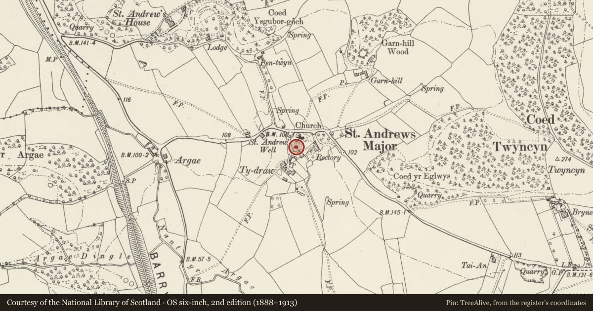 Ordnance Survey six-inch map, 2nd edition (1888–1913) covering the location of The Bier House in St Andrew's Churchyard, Dinas Powys, Vale of Glamorgan, with a pin at the register's coordinates