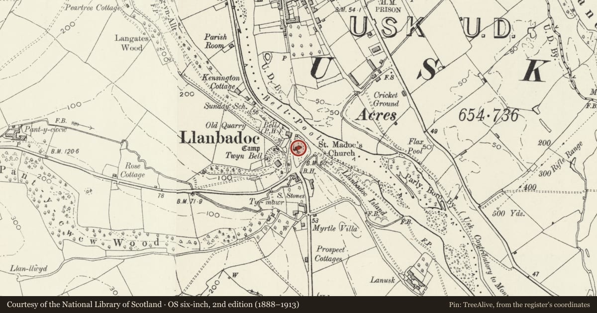 Ordnance Survey six-inch map, 2nd edition (1888–1913) covering the location of Church of St Madoc, Llanbadoc, Monmouthshire, with a pin at the register's coordinates