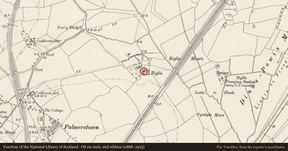 Ordnance Survey six-inch map, 2nd edition (1888–1913) covering the location of Barn at Biglis Farm, Dinas Powys, Vale of Glamorgan, with a pin at the register's coordinates