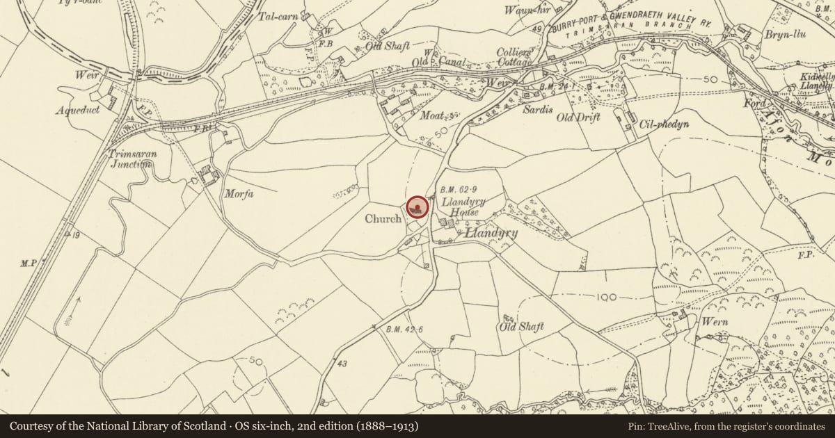 Ordnance Survey six-inch map, 2nd edition (1888–1913) covering the location of Llandyry Church, Trimsaran, Carmarthenshire, with a pin at the register's coordinates