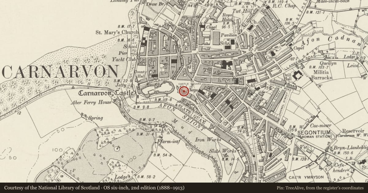 Ordnance Survey six-inch map, 2nd edition (1888–1913) covering the location of 35 Castle Square, including railings & gate, Caernarfon, Gwynedd, with a pin at the register's coordinates