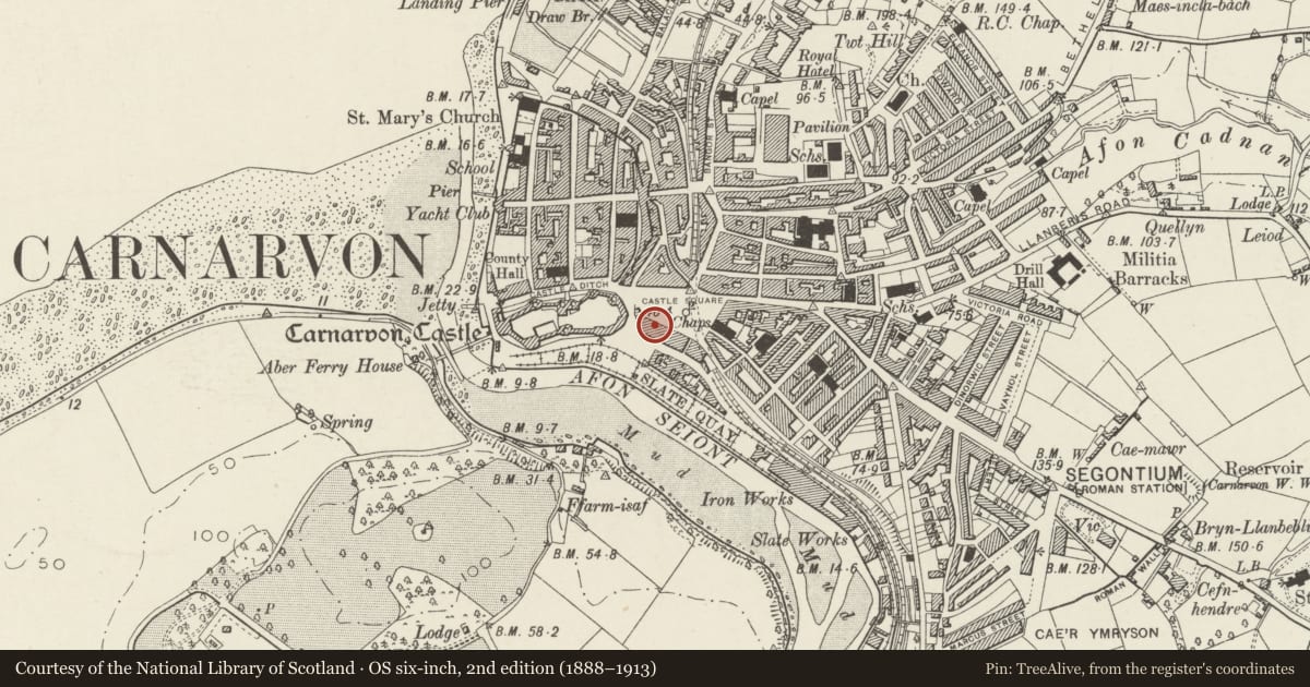 Ordnance Survey six-inch map, 2nd edition (1888–1913) covering the location of 36 Castle Square, including railings & gate, Caernarfon, Gwynedd, with a pin at the register's coordinates