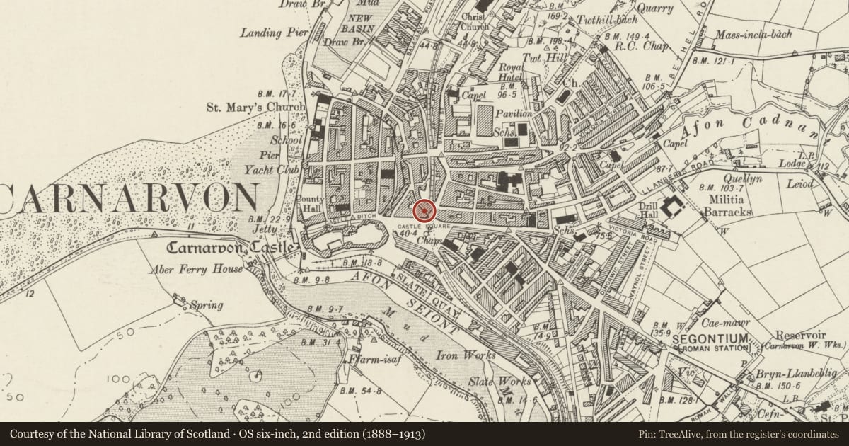 Ordnance Survey six-inch map, 2nd edition (1888–1913) covering the location of 14 Castle Square, Caernarfon, Gwynedd, with a pin at the register's coordinates