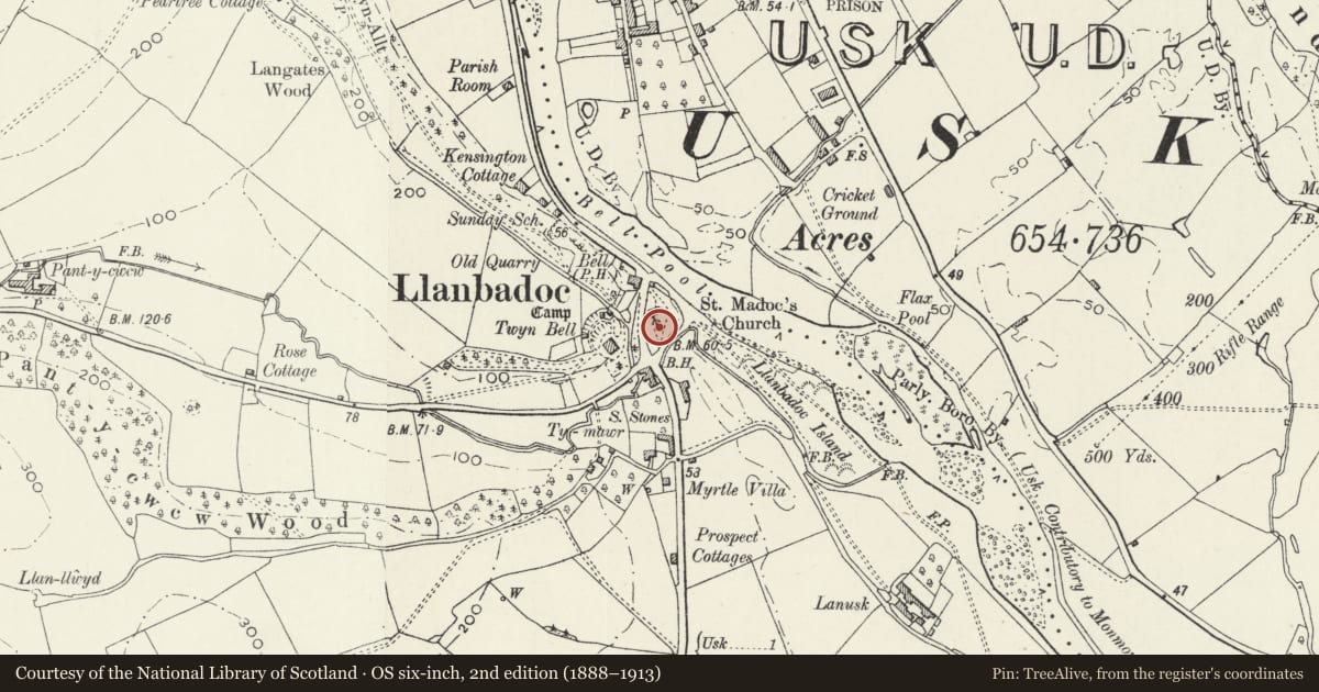 Ordnance Survey six-inch map, 2nd edition (1888–1913) covering the location of Gravestone of Elizabeth Liddill at Church of St Madoc, Llanbadoc, Monmouthshire, with a pin at the register's coordinates