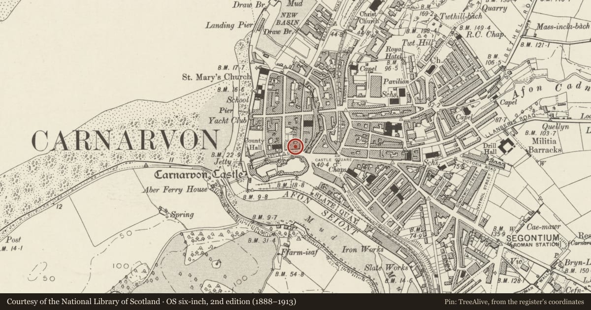 Ordnance Survey six-inch map, 2nd edition (1888–1913) covering the location of 11 Castle Ditch, Caernarfon, Gwynedd, with a pin at the register's coordinates