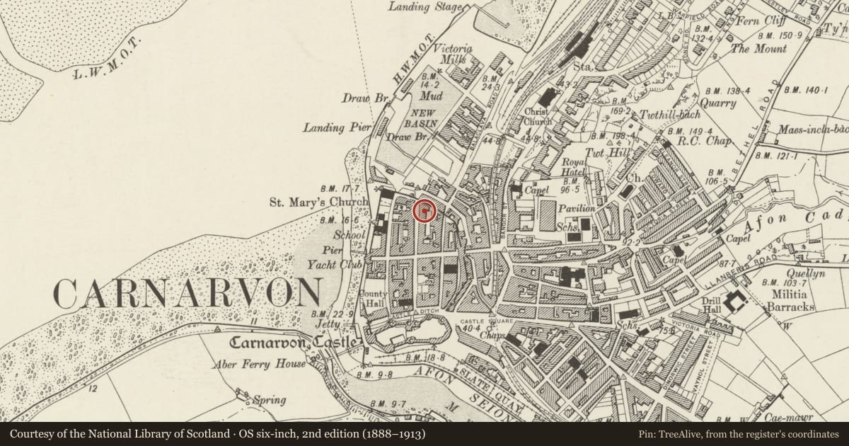 Ordnance Survey six-inch map, 2nd edition (1888–1913) covering the location of 22 Market Street, Caernarfon, Gwynedd, with a pin at the register's coordinates