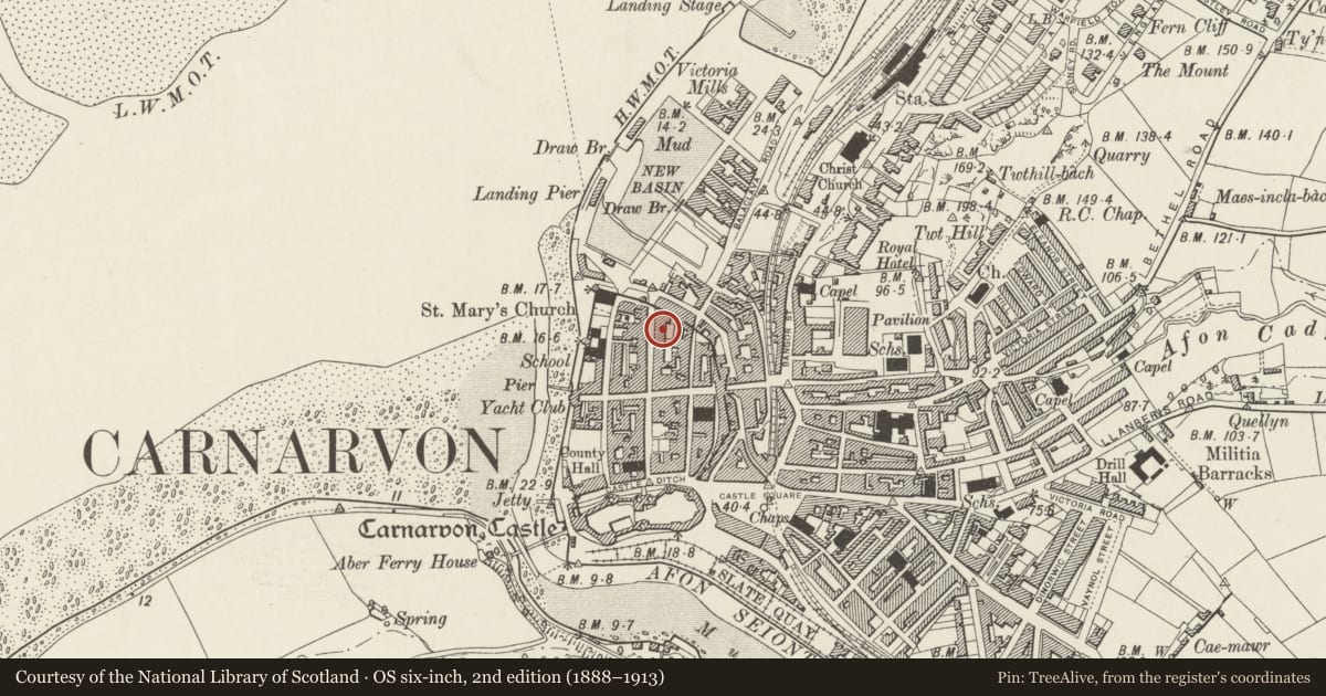 Ordnance Survey six-inch map, 2nd edition (1888–1913) covering the location of 18 Market Street, Caernarfon, Gwynedd, with a pin at the register's coordinates