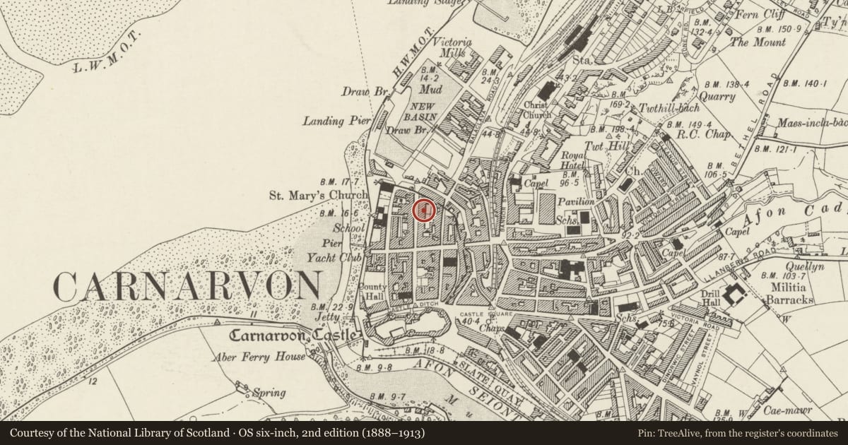 Ordnance Survey six-inch map, 2nd edition (1888–1913) covering the location of 16 Market Street, Caernarfon, Gwynedd, with a pin at the register's coordinates