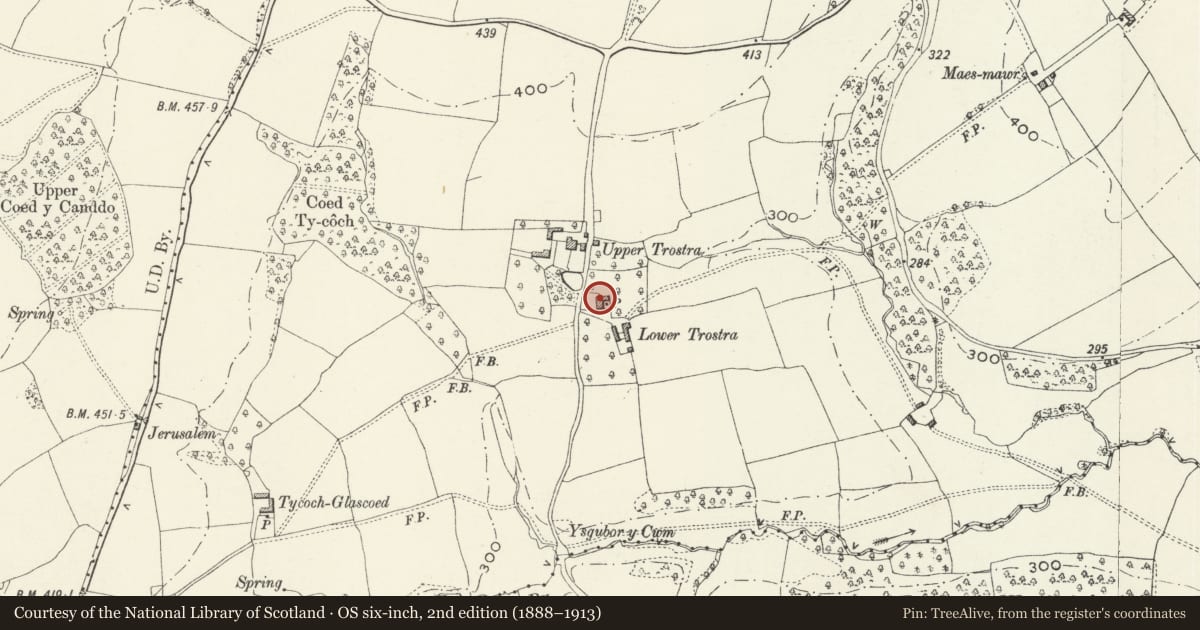 Ordnance Survey six-inch map, 2nd edition (1888–1913) covering the location of Lower Trostra, Llanbadoc, Monmouthshire, with a pin at the register's coordinates