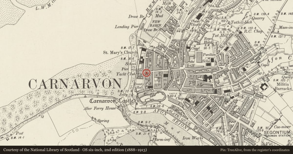 Ordnance Survey six-inch map, 2nd edition (1888–1913) covering the location of 8 High Street, Caernarfon, Gwynedd, with a pin at the register's coordinates