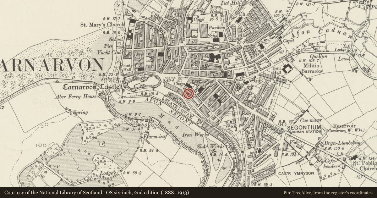 Ordnance Survey six-inch map, 2nd edition (1888–1913) covering the location of 7 Segontium Terrace, Caernarfon, Gwynedd, with a pin at the register's coordinates