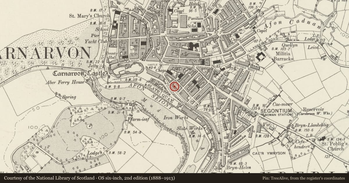 Ordnance Survey six-inch map, 2nd edition (1888–1913) covering the location of 13 Segontium Terrace, including forecourt railings, Caernarfon, Gwynedd, with a pin at the register's coordinates