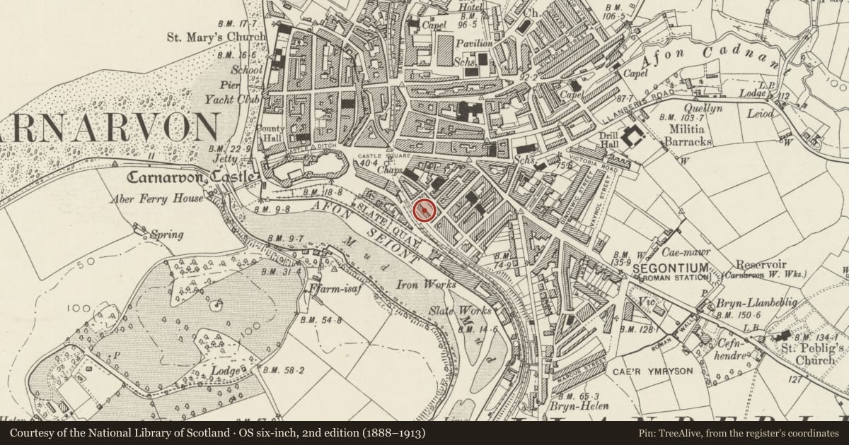 Ordnance Survey six-inch map, 2nd edition (1888–1913) covering the location of 14 Segontium Terrace, including forecourt railings, Caernarfon, Gwynedd, with a pin at the register's coordinates