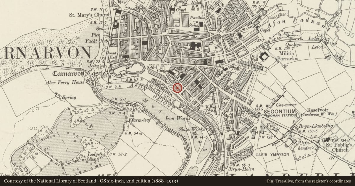 Ordnance Survey six-inch map, 2nd edition (1888–1913) covering the location of 15 Segontium Terrace, including forecourt railings, Caernarfon, Gwynedd, with a pin at the register's coordinates