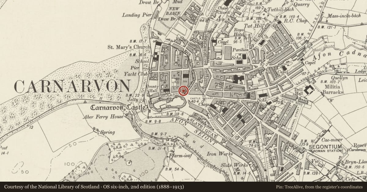 Ordnance Survey six-inch map, 2nd edition (1888–1913) covering the location of Siop y Plas, Caernarfon, Gwynedd, with a pin at the register's coordinates