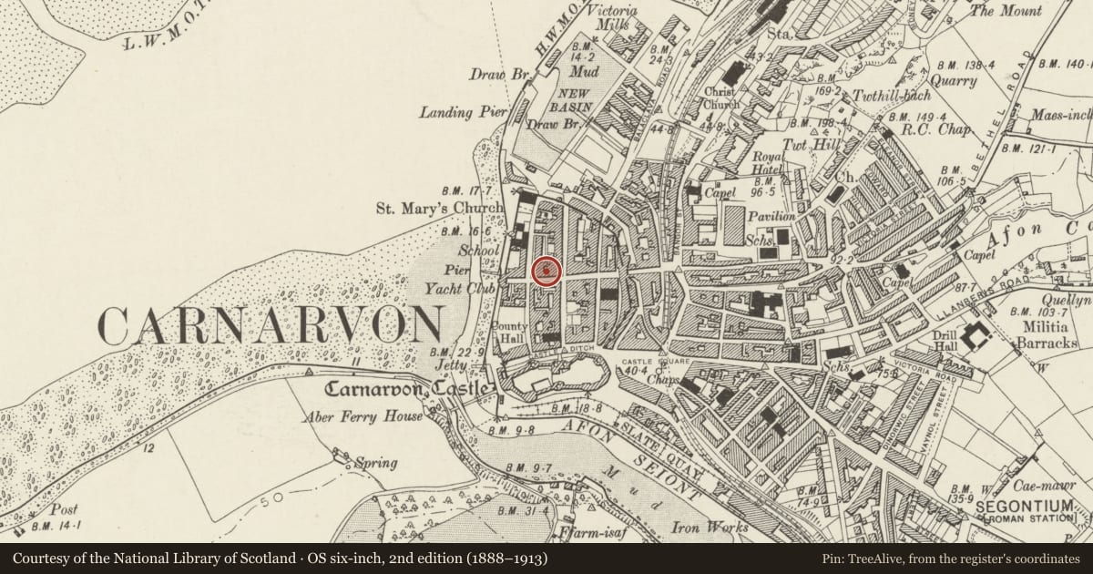 Ordnance Survey six-inch map, 2nd edition (1888–1913) covering the location of Hendre Aur, Caernarfon, Gwynedd, with a pin at the register's coordinates