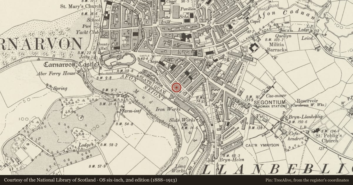 Ordnance Survey six-inch map, 2nd edition (1888–1913) covering the location of 23 Segontium Terrace, Caernarfon, Gwynedd, with a pin at the register's coordinates