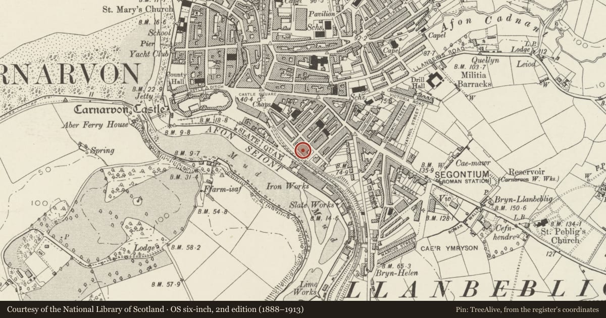 Ordnance Survey six-inch map, 2nd edition (1888–1913) covering the location of Bryn Helyg, Caernarfon, Gwynedd, with a pin at the register's coordinates