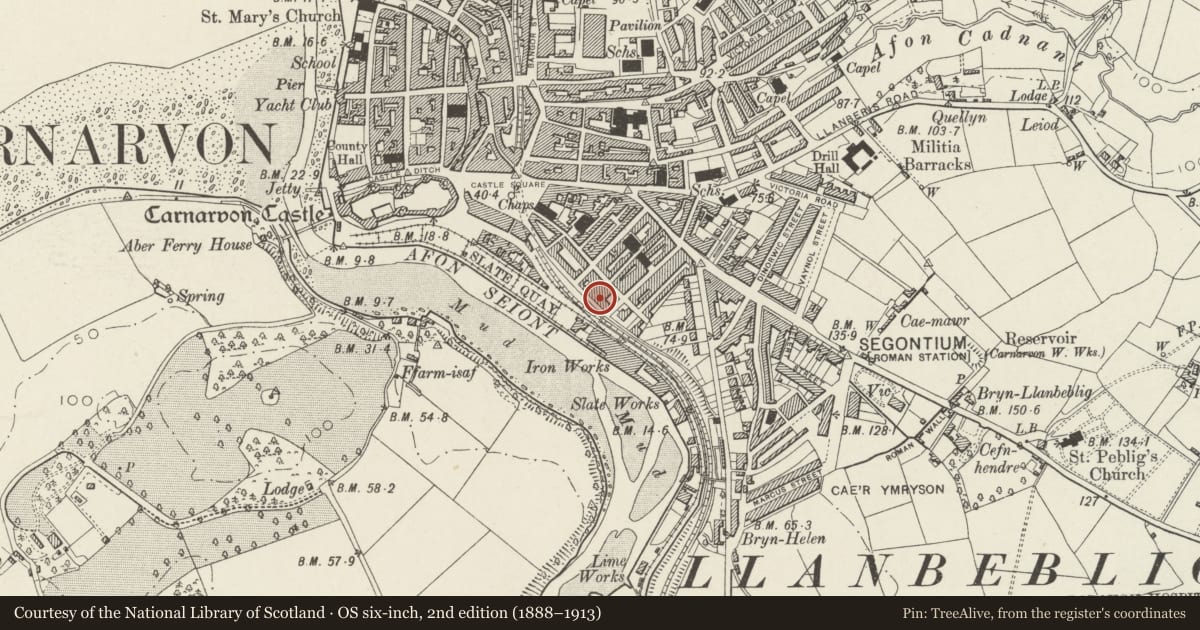 Ordnance Survey six-inch map, 2nd edition (1888–1913) covering the location of 25 Segontium Terrace, including forecourt railings, Caernarfon, Gwynedd, with a pin at the register's coordinates