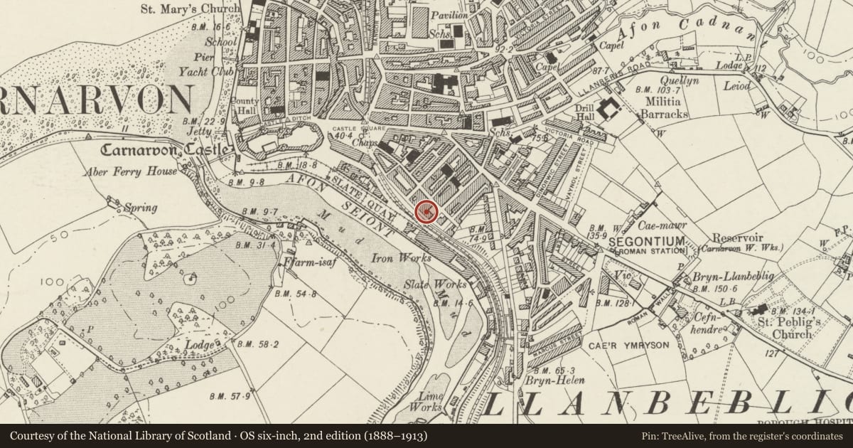 Ordnance Survey six-inch map, 2nd edition (1888–1913) covering the location of 26 Segontium Terrace, including forecourt railings, Caernarfon, Gwynedd, with a pin at the register's coordinates
