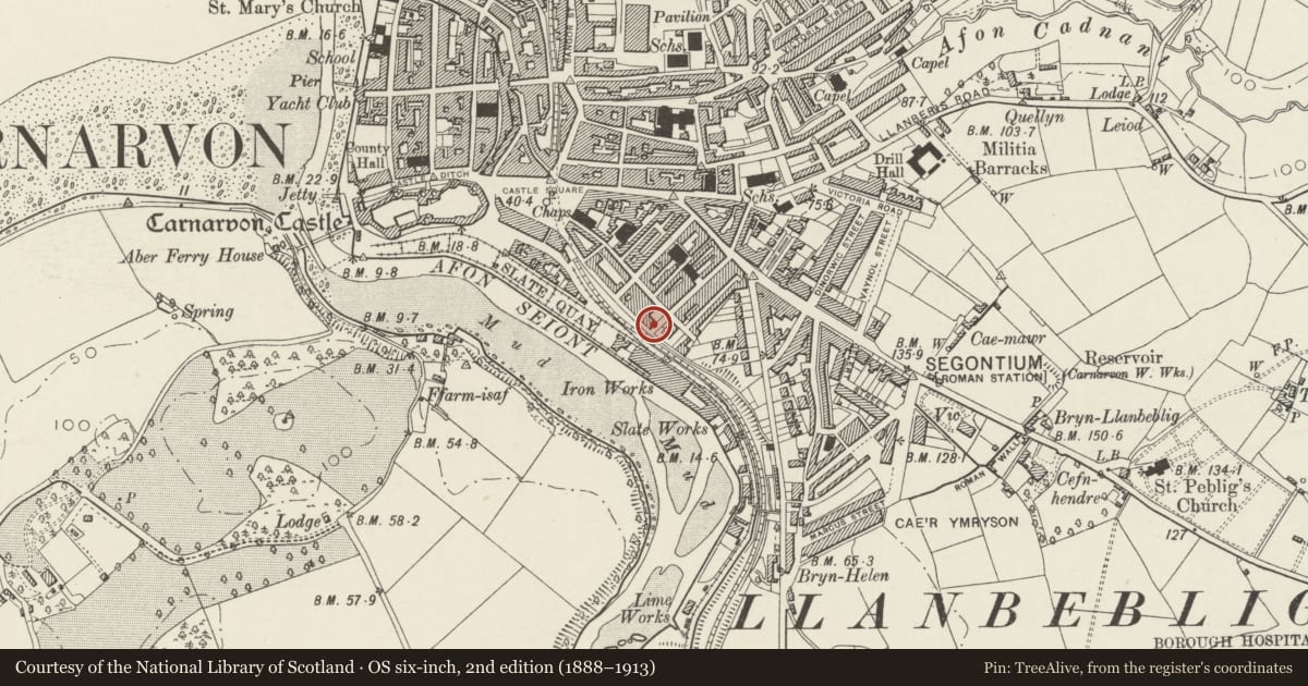 Ordnance Survey six-inch map, 2nd edition (1888–1913) covering the location of 28 Segontium Terrace, including forecourt railings, Caernarfon, Gwynedd, with a pin at the register's coordinates