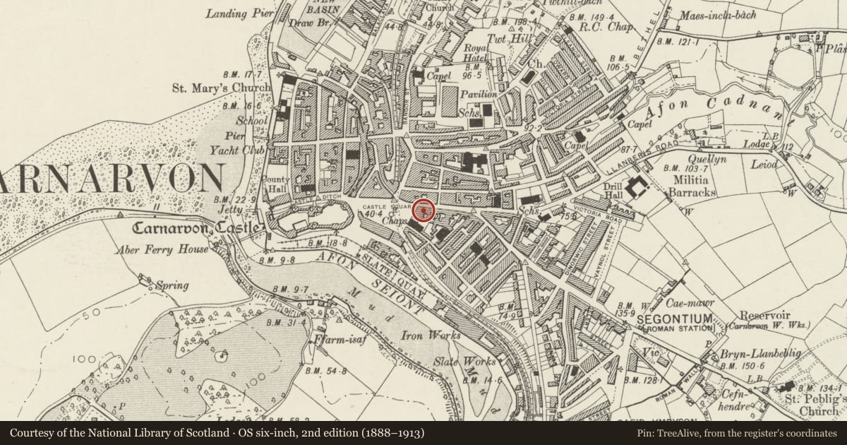 Ordnance Survey six-inch map, 2nd edition (1888–1913) covering the location of NatWest Bank, including railings to basement steps, Caernarfon, Gwynedd, with a pin at the register's coordinates
