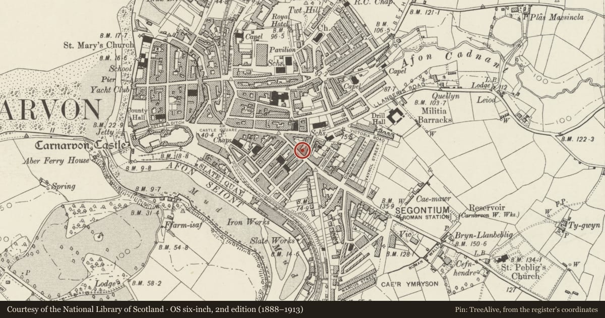 Ordnance Survey six-inch map, 2nd edition (1888–1913) covering the location of 65 Pool Street, Caernarfon, Gwynedd, with a pin at the register's coordinates