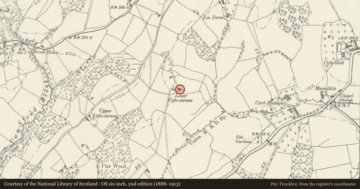 Ordnance Survey six-inch map, 2nd edition (1888–1913) covering the location of Lower Cefn Carnau, Llangybi, Monmouthshire, with a pin at the register's coordinates