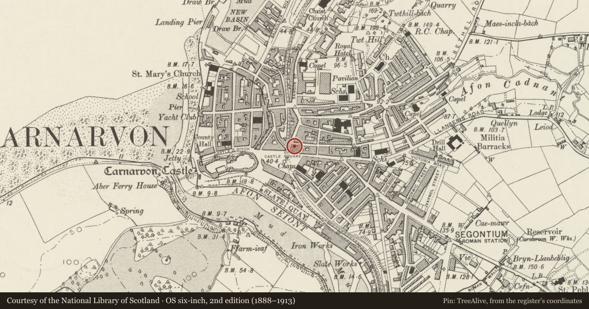 Ordnance Survey six-inch map, 2nd edition (1888–1913) covering the location of 6 Bridge Street, Caernarfon, Gwynedd, with a pin at the register's coordinates
