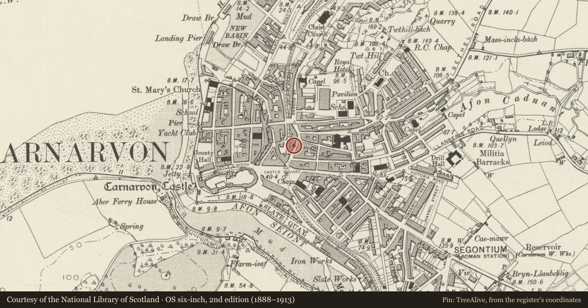 Ordnance Survey six-inch map, 2nd edition (1888–1913) covering the location of 19 Bridge Street, Caernarfon, Gwynedd, with a pin at the register's coordinates