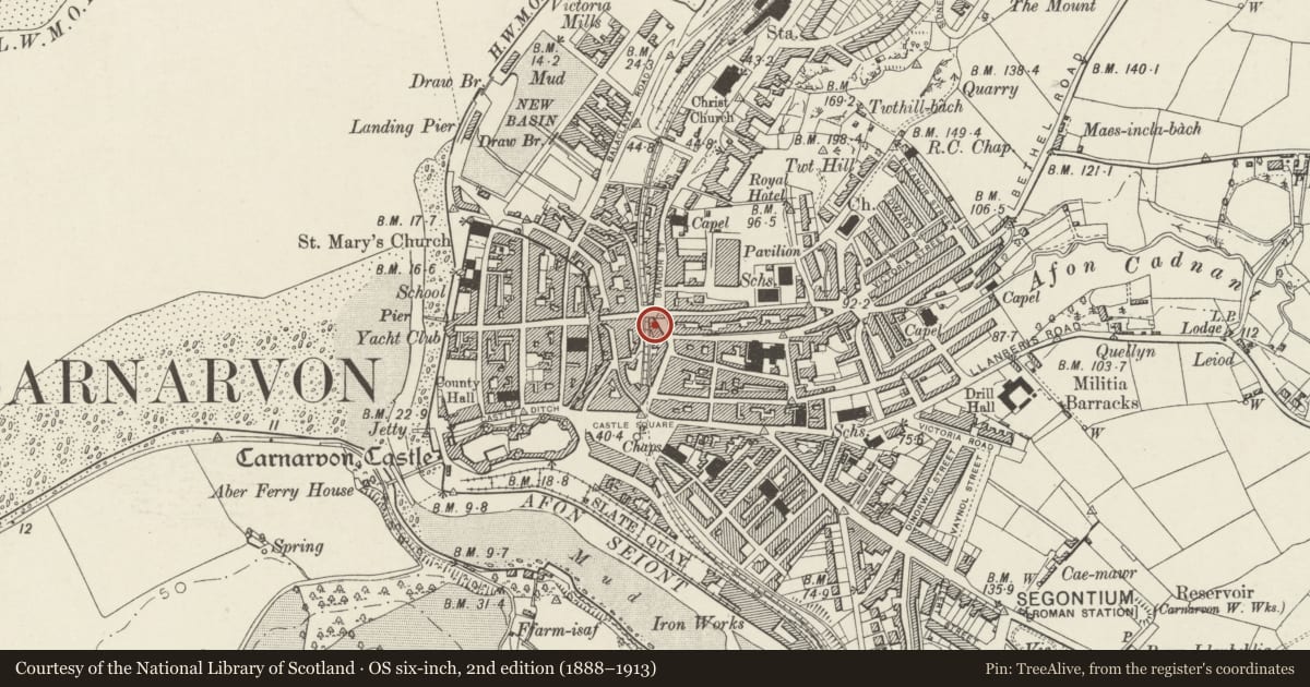 Ordnance Survey six-inch map, 2nd edition (1888–1913) covering the location of 43 Bridge Street, Caernarfon, Gwynedd, with a pin at the register's coordinates