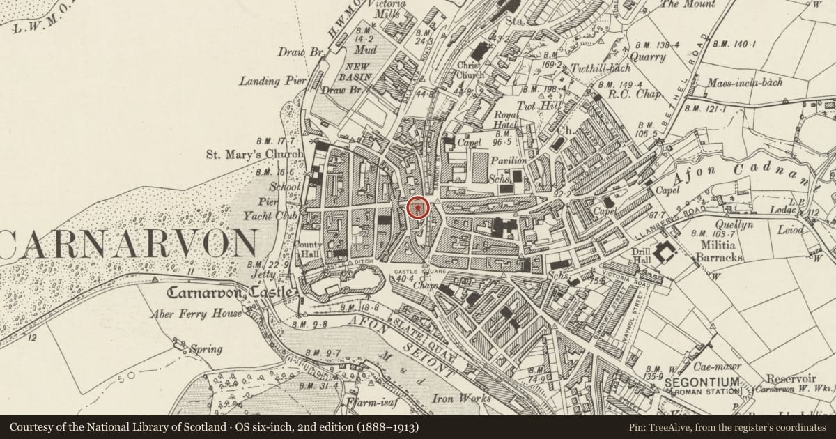 Ordnance Survey six-inch map, 2nd edition (1888–1913) covering the location of 12 Eastgate Street, Caernarfon, Gwynedd, with a pin at the register's coordinates